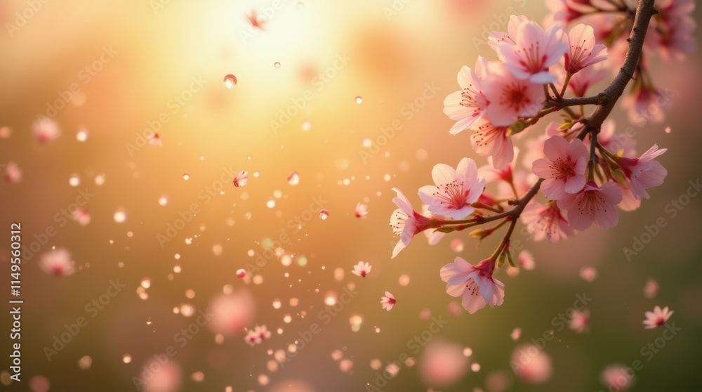 Fototapeta premium Close-up of pollen particles floating in the air with a blurred background of blooming flowers and trees, representing spring allergy triggers.