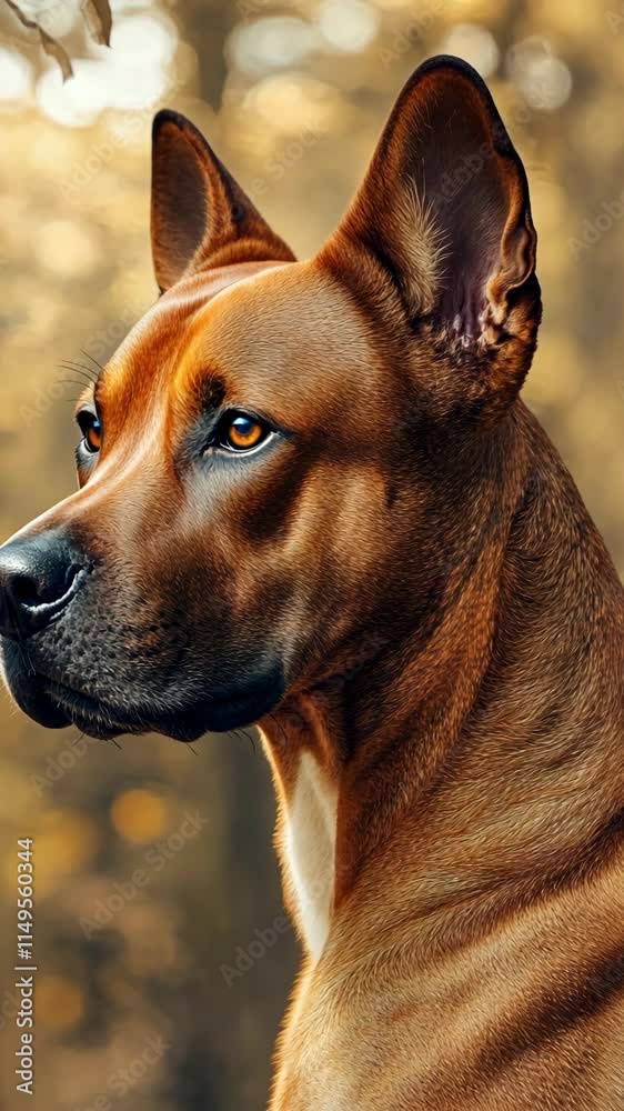 Brown dog with alert expression looking towards the right in a forest during golden hour Brown dog with alert expression looking towards the right in a forest during golden hour