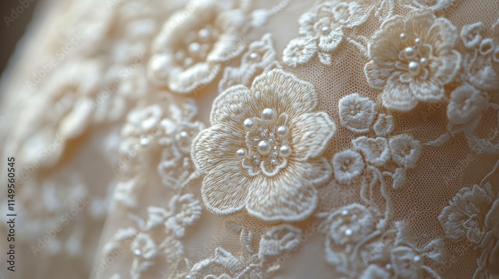 Obraz premium Beige lace fabric, pearl-embellished floral embroidery.