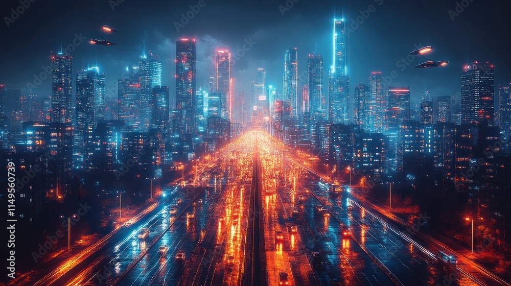 Fototapeta premium Neon cityscape, futuristic vehicles, glowing roads.