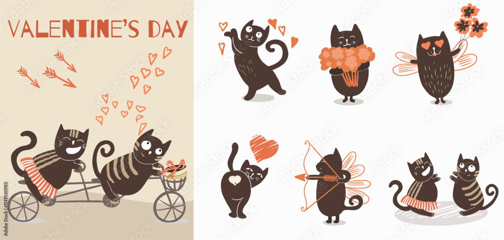Fototapeta premium Cute vector set with illustration with cute hand drawn cats for Valentine's Day. Funny cats with hearts busy expressing their love. Festive inspiration for valentine's day.