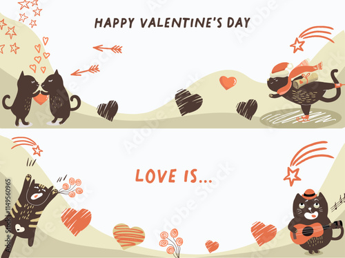 Horizontal banner, background, Happy Valentine's Day, love story, relationship, people, flowers, nature, spring, hand drawn vector.