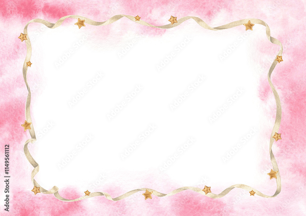 Watercolor frame with golden stars and pastel pink tones. Ideal for baby girl stationery or birthday invitations. Rectangular template with ample copy space for event details and custom messages Watercolor frame with golden stars and pastel pink tones. Ideal for baby girl stationery or birthday invitations. Rectangular template with ample copy space for event details and custom messages
