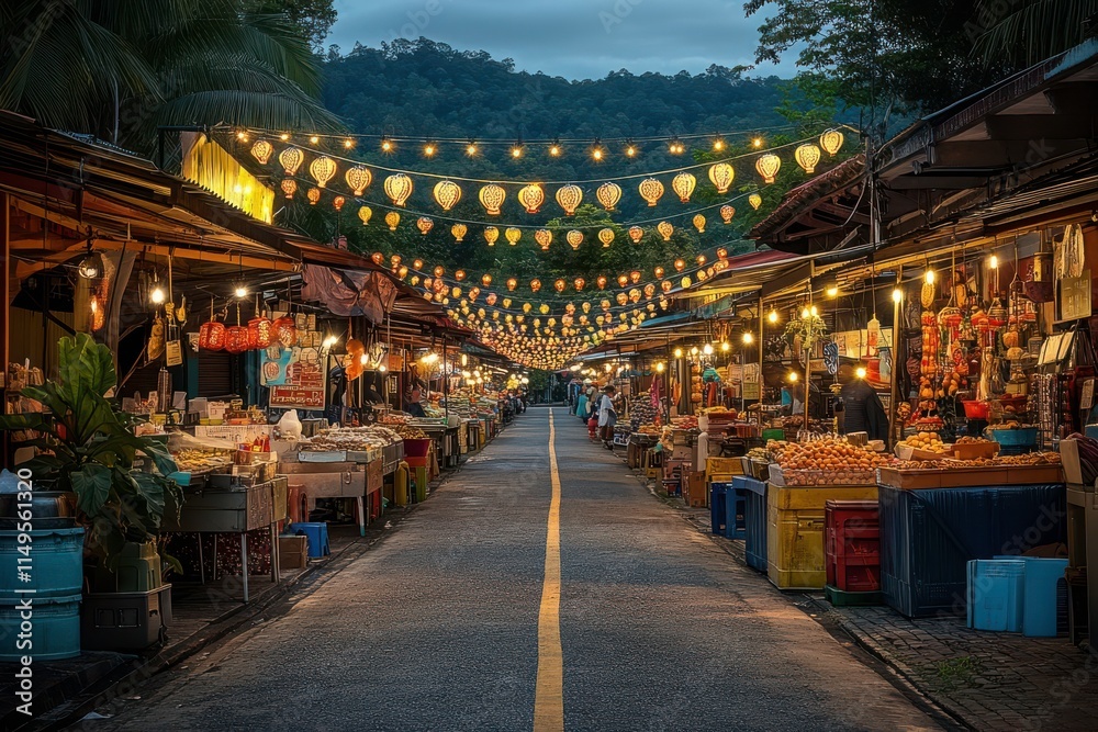 Obraz premium Vibrant Night Market with Lanterns and Stalls