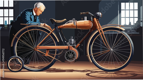 ancient bicycle with engine design stock photos illustration