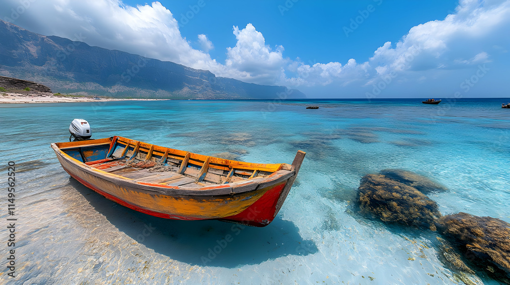 Fototapeta premium Vibrant Coastal Scene: A Realistic Image of a Colorful Boat