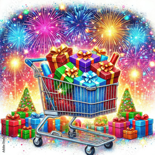 Colorful shopping cart filled with gift boxes amidst holiday fireworks photo