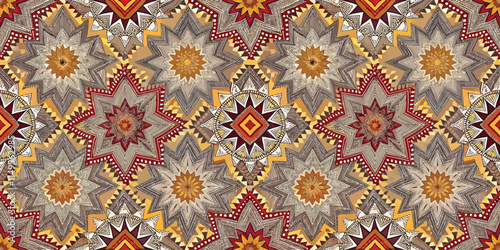 Intricate geometric patterns in warm tones create a vibrant and captivating design.