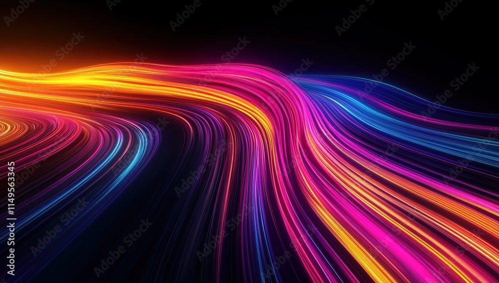 Vibrant Neon Light Streaks Flow Dynamically Across Dark Background, Creating Abstract Art Vibrant Neon Light Streaks Flow Dynamically Across Dark Background, Creating Abstract Art