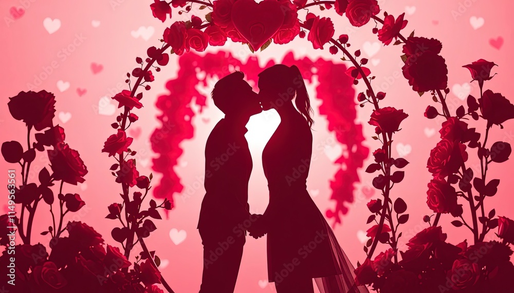 Silhouette of a couple kissing under a heart-shaped arch adorned with flowers. Silhouette of a couple kissing under a heart-shaped arch adorned with flowers.