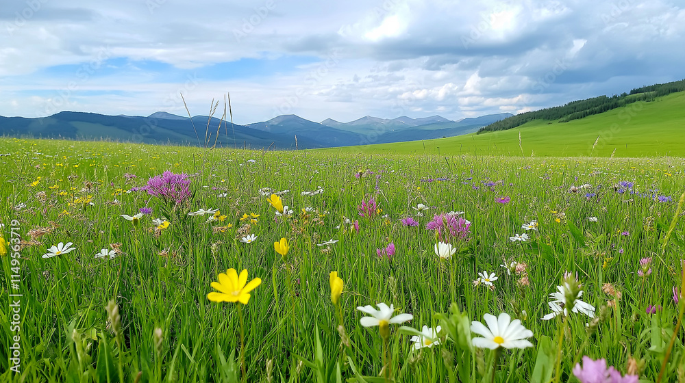 A vibrant photo of a wildflower meadow with pastel-colored blooms swaying in the breeze, under a partly cloudy sky A vibrant photo of a wildflower meadow with pastel-colored blooms swaying in the breeze, under a partly cloudy sky