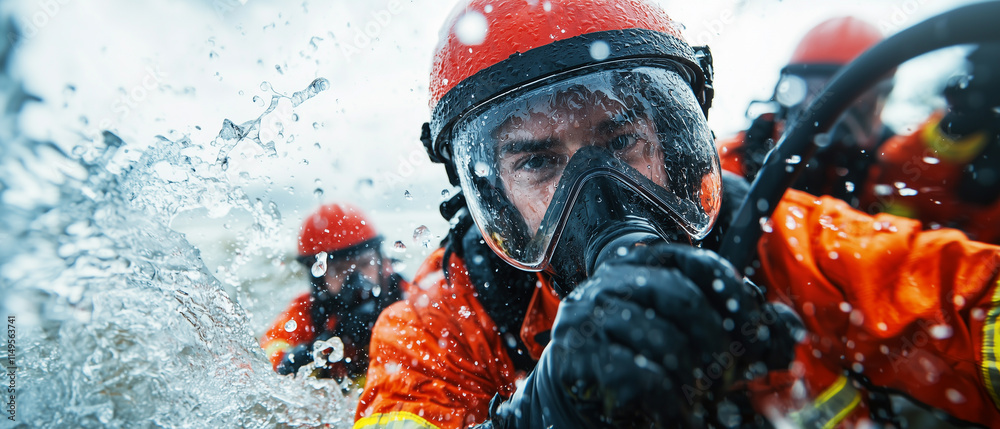 Obraz premium Firefighters in protective gear engage in intense water training, showcasing teamwork and determination in dynamic and action packed environment