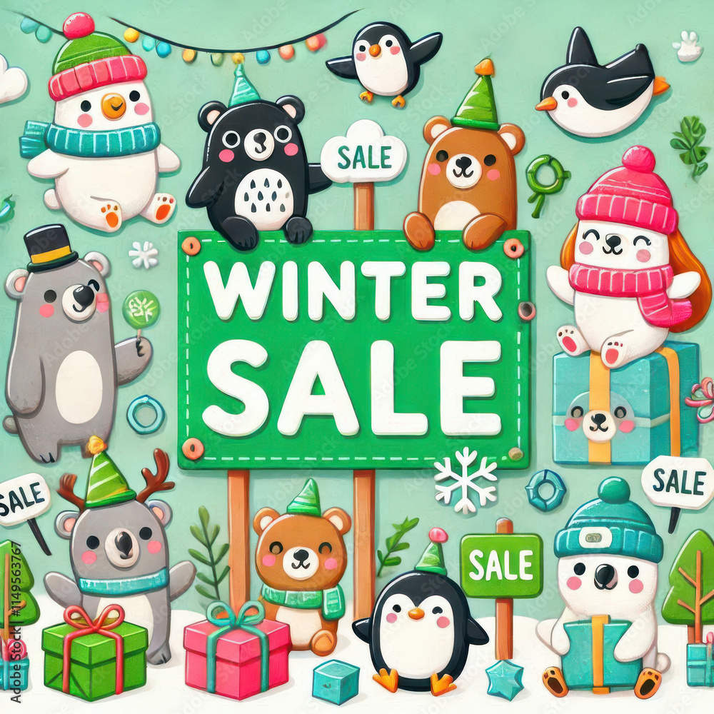 Cute winter sale illustration with festive animals and holiday gifts Cute winter sale illustration with festive animals and holiday gifts