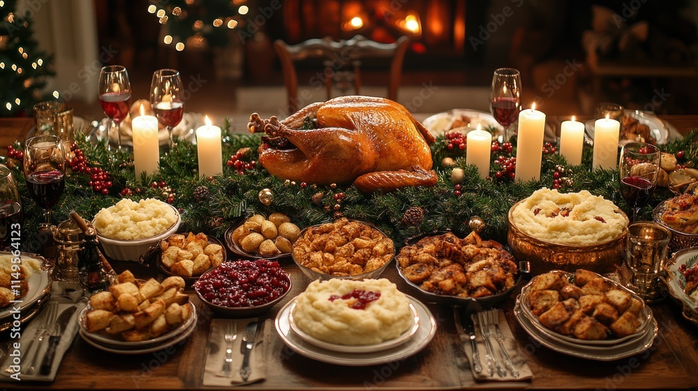 Festive Thanksgiving dinner table with roasted turkey, mashed potatoes, and cranberry sauce, beautifully arranged with candles and greenery in front of a fireplace. Festive Thanksgiving dinner table with roasted turkey, mashed potatoes, and cranberry sauce, beautifully arranged with candles and greenery in front of a fireplace.