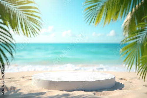 Serene Summer Beach Scene with White Podium and Natural Shadows. photo