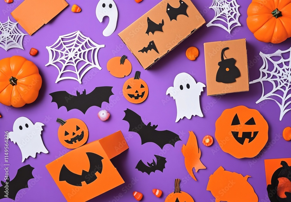 Fototapeta premium Spooky Halloween Flatlay: Pumpkins, Bats, Ghosts, and Spiders