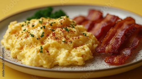 Fluffy scrambled eggs and crispy bacon on a plate.