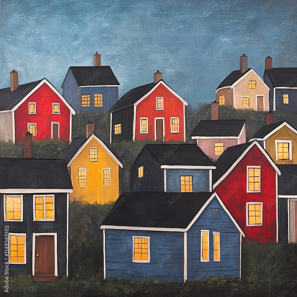 Naklejka premium Colorful Houses at Dusk: A Charming Village Night Scene