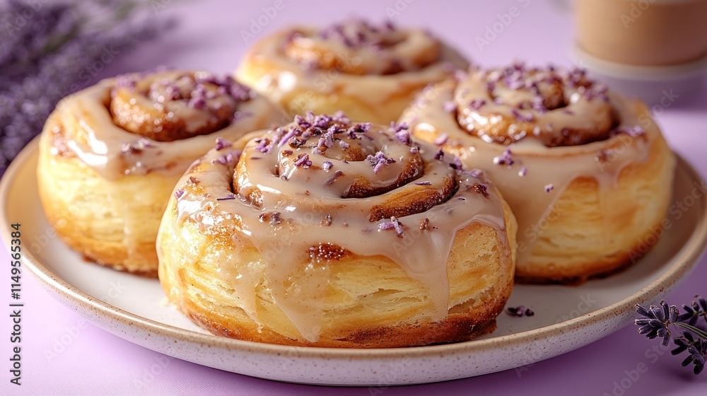 Four delicious lavender cinnamon rolls on a plate. Four delicious lavender cinnamon rolls on a plate.