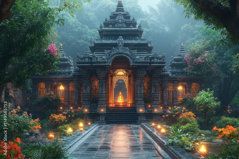 Serene Temple Surrounded by Lush Flora and Mystic Light Serene Temple Surrounded by Lush Flora and Mystic Light