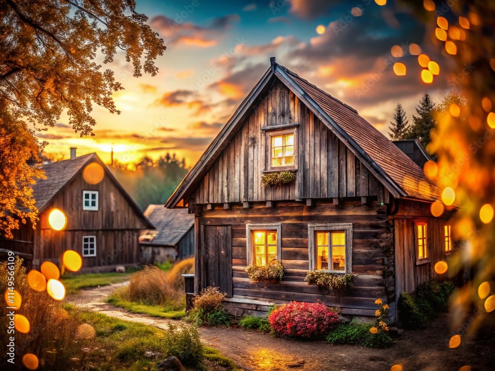 Rustic Charm: Old Wooden Village House with Bokeh Lights Rustic Charm: Old Wooden Village House with Bokeh Lights