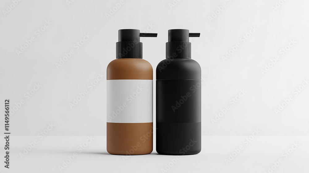Plastic bottle mockup with pump cap. Black, white and brown package for skincare and makeup cosmetic product branding. Realistic 3d vector template of liquid soap or lotion container with dispenser. Plastic bottle mockup with pump cap. Black, white and brown package for skincare and makeup cosmetic product branding. Realistic 3d vector template of liquid soap or lotion container with dispenser.