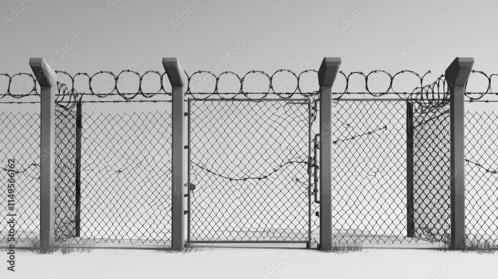 Fence with barbed wire, metal grid with gate. Steel fencing segments, prison perimeter protection barrier separated with poles, rabitz isolated on white background. Realistic 3d vector illustration Fence with barbed wire, metal grid with gate. Steel fencing segments, prison perimeter protection barrier separated with poles, rabitz isolated on white background. Realistic 3d vector illustration