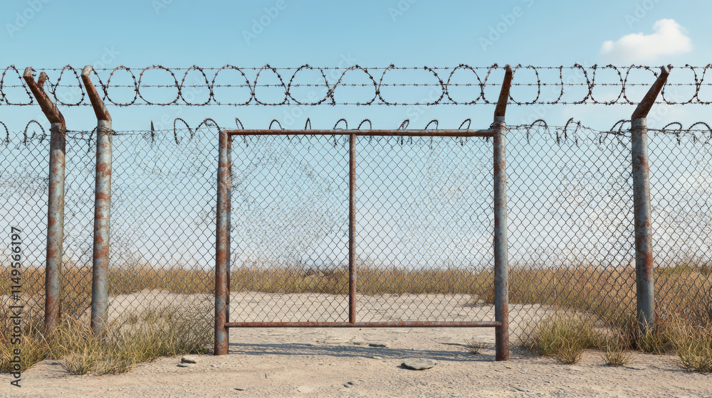 Fence with barbed wire, metal grid with gate. Steel fencing segments, prison perimeter protection barrier separated with poles, rabitz isolated on white background. Realistic 3d vector illustration Fence with barbed wire, metal grid with gate. Steel fencing segments, prison perimeter protection barrier separated with poles, rabitz isolated on white background. Realistic 3d vector illustration
