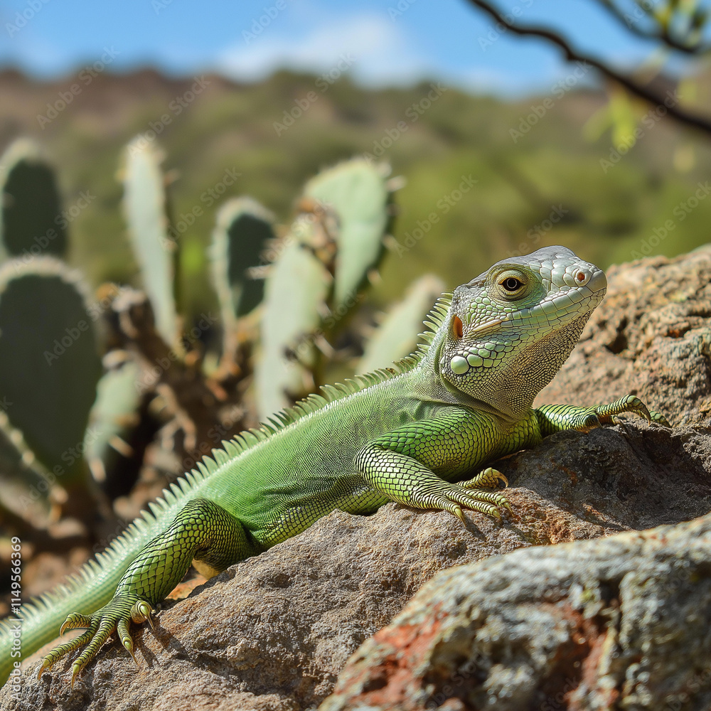 Fototapeta premium Green Lizard Basking on a Rock with Cactus in the Background, A Desert Scene