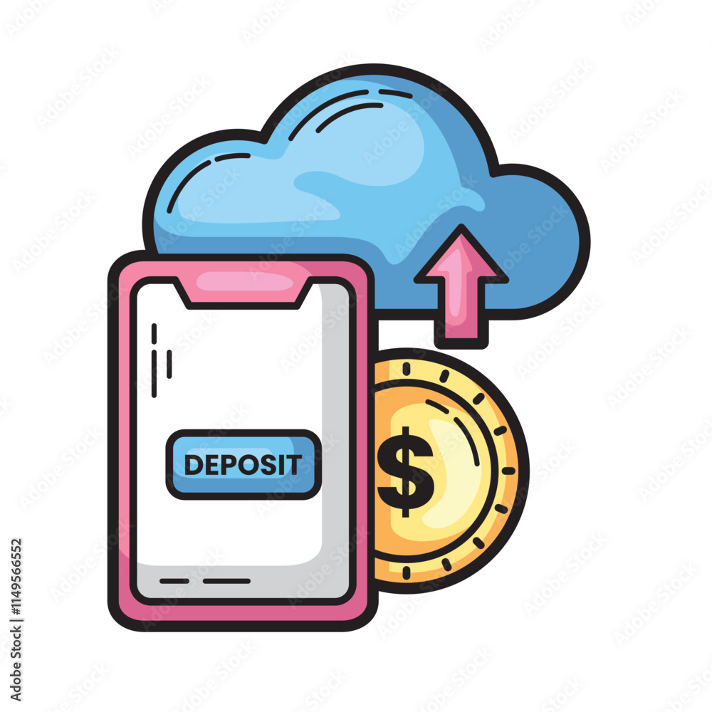 Phone screen shows deposit button and money transferring to cloud. Suitable for finance apps, online banking concepts, digital savings services Phone screen shows deposit button and money transferring to cloud. Suitable for finance apps, online banking concepts, digital savings services