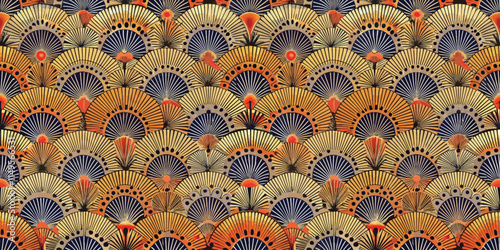 A vibrant pattern of decorative fans, showcasing intricate designs in rich gold, red, and black hues.