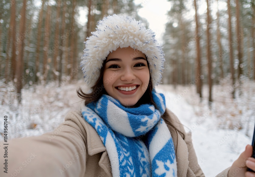 Smiling Woman Winter Selfie Snowy Forest Smiling Woman Winter Selfie Snowy Forest