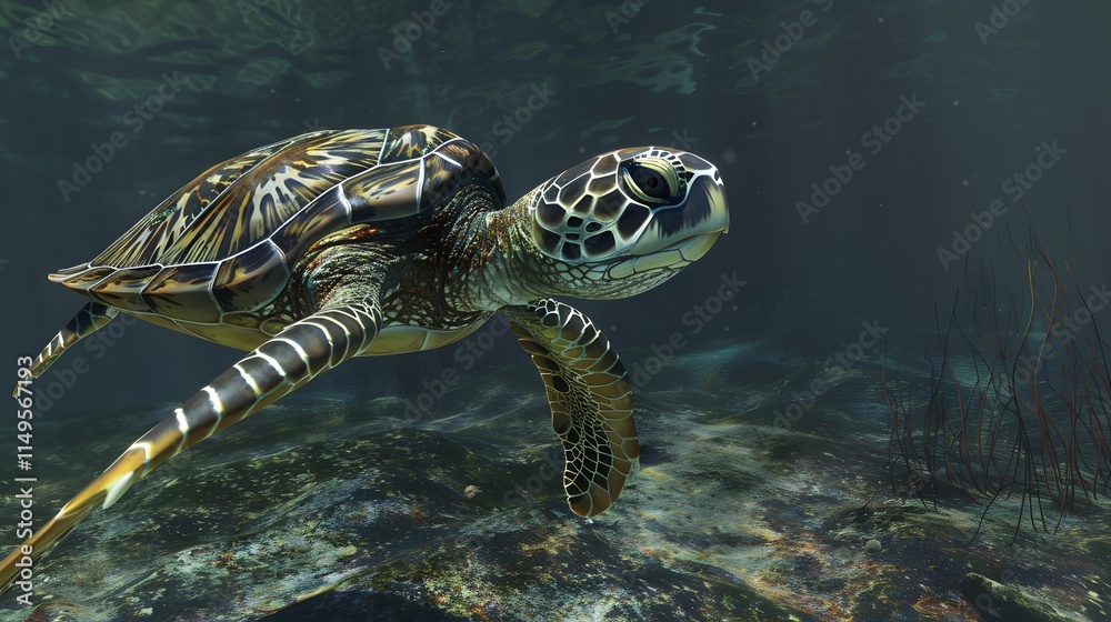 Fototapeta premium Majestic Green Sea Turtle Swimming Underwater in Clear Ocean Waters