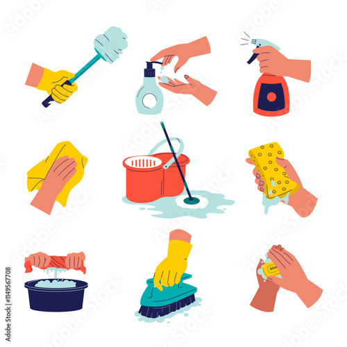 Set collection of cleaning products in hand. Illustrations for websites, landing pages, mobile apps, posters and banners. Trendy flat vector illustrations