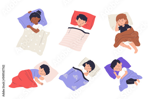 Vector set of children sleeping with blanket. Illustrations for websites, landing pages, mobile apps, posters and banners. Trendy flat vector illustrations