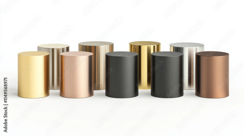 Metal cylinder product podiums in different sizes and angles. Realistic 3D vector set of gold, silver and bronze round stands for goods demonstration or awarding winner. Circle pillar platform mockup. Metal cylinder product podiums in different sizes and angles. Realistic 3D vector set of gold, silver and bronze round stands for goods demonstration or awarding winner. Circle pillar platform mockup.