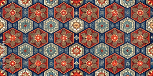 Intricate geometric tile pattern in vibrant colors and ornate floral designs.