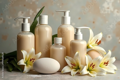 Organic Beauty Concept Featuring Cosmetic Bottles and Lilies in Soft, Warm Lighting.