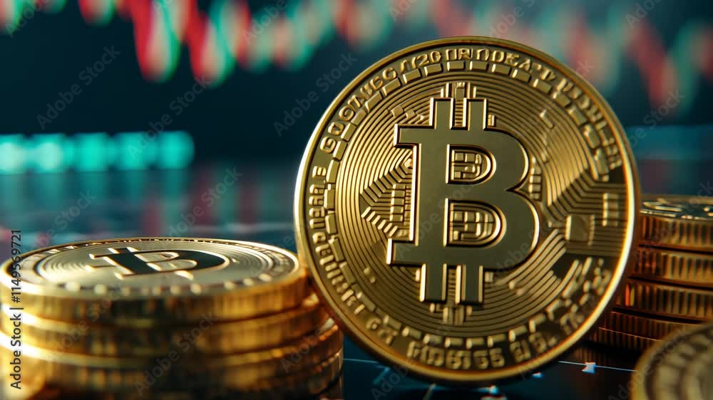 Bitcoin Coins on Table with Stock Market Background and Graphs