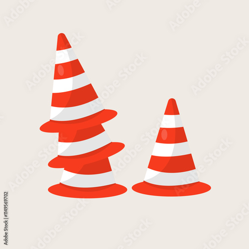 stacked traffic cone vector. flat design cartoon. Traffic cones as symbols or warnings on the road