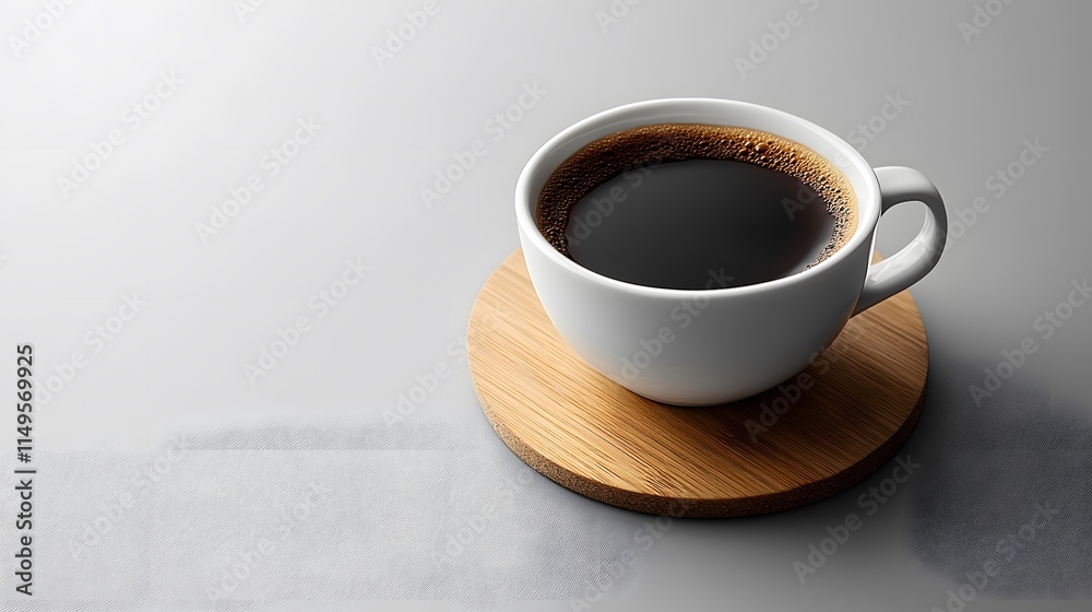 High angle shot of black coffee on a wooden coaster, placed on a light grey matte table. The scene is minimal, clean, and balanced, with diffused light and ample space for text or design elements. High angle shot of black coffee on a wooden coaster, placed on a light grey matte table. The scene is minimal, clean, and balanced, with diffused light and ample space for text or design elements.
