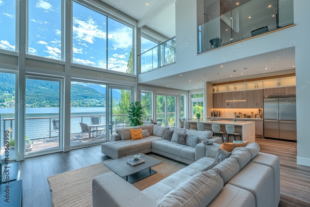 Fototapeta premium Eco-friendly House Interior with Natural Materials, Spacious Living Room Overlooking a Lush Garden, Sustainable Design