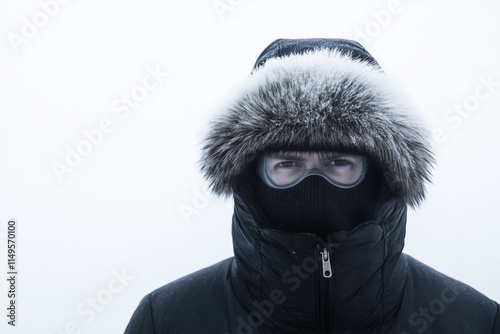 A man dressed in heavy arctic gear with a fur-lined hood, protective goggles, and a black face mask, standing against a stark white snowy backdrop, ready for extreme cold conditions photo