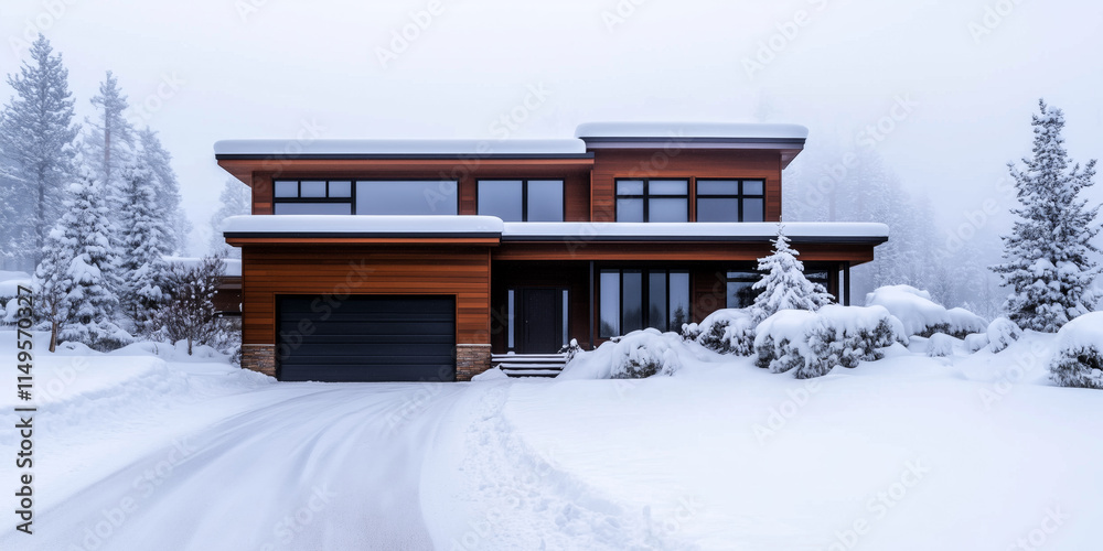 A contemporary wooden house with large glass windows and a snow-covered driveway surrounded by frosty pine trees, shrouded in a soft misty atmosphere