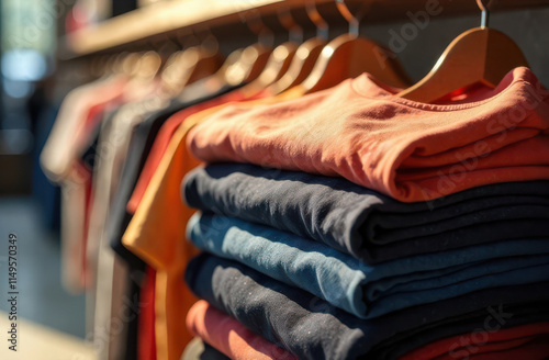 Colorful folded t-shirts on wooden hangers in clothing store display