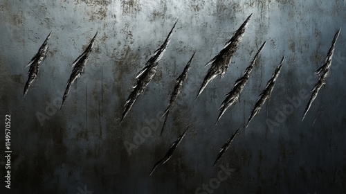 Claw marks on metal wall, monster talon scratches on metallic surface, wild animal nail slashes, paw rips, sherds on grey background. Beast breaks, traces texture, Realistic 3d vector illustration