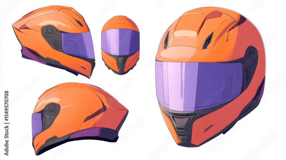 Motorcycle helmet for moto race and ride on scooter. Vector realistic illustration of 3d retro orange helmet with purple visor and glasses in front, back and angle view isolated on white background Motorcycle helmet for moto race and ride on scooter. Vector realistic illustration of 3d retro orange helmet with purple visor and glasses in front, back and angle view isolated on white background