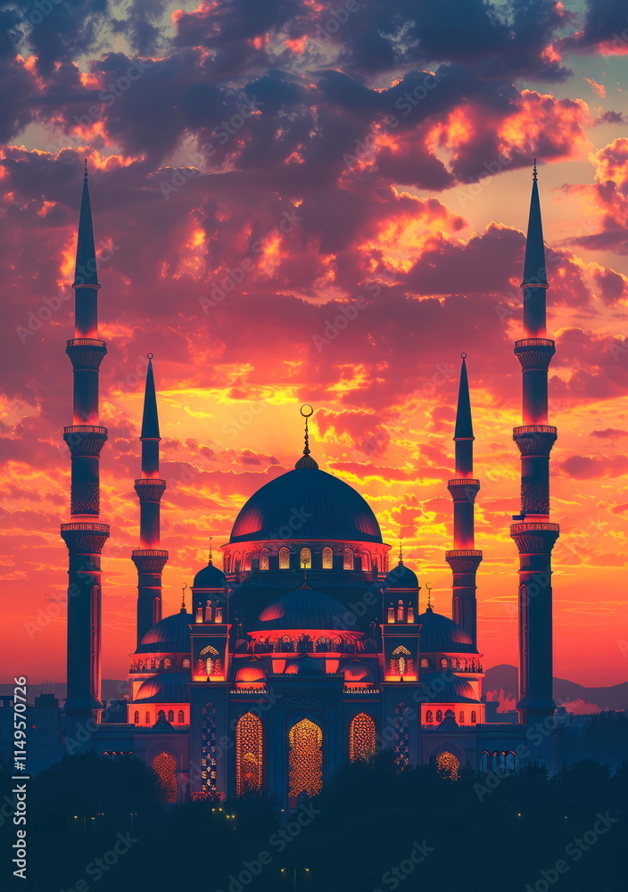 Fototapeta premium mosque at sunset, with minarets and domes adorned with Eid decorations.
