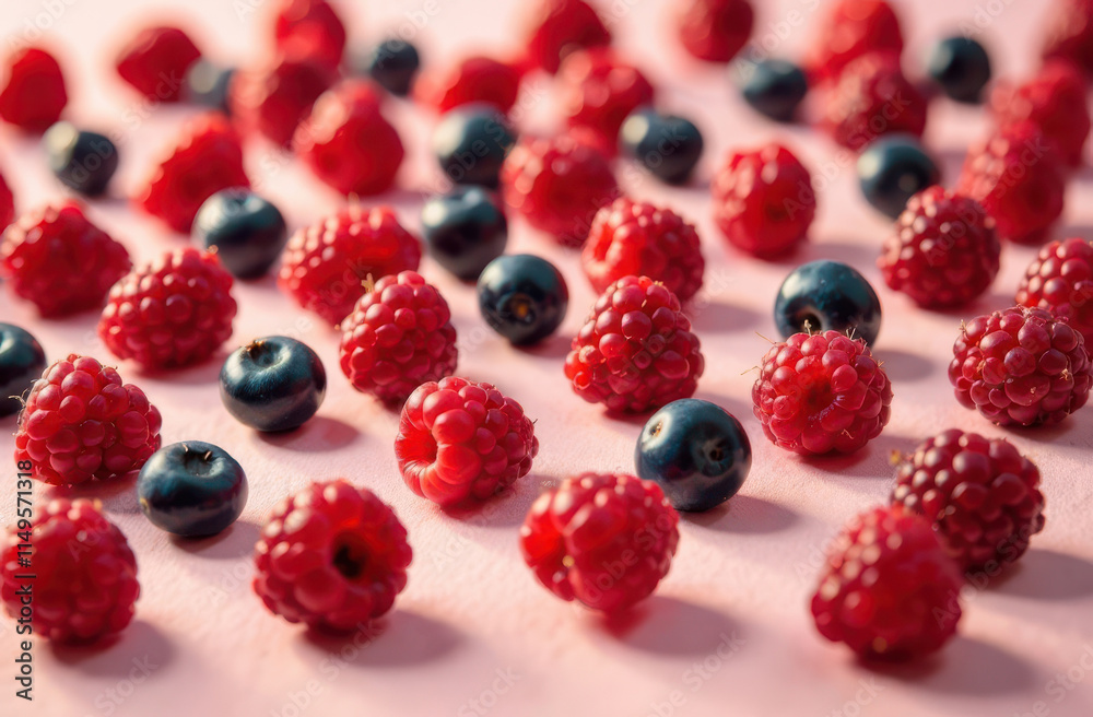 Fresh raspberries and blueberries on pink surface Fresh raspberries and blueberries on pink surface
