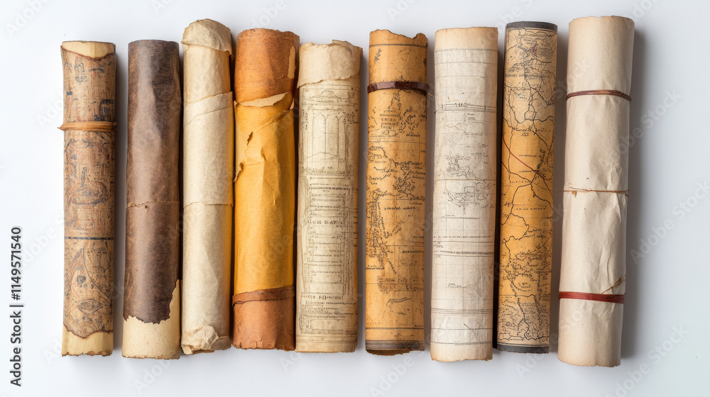 Cartoon set of old parchment scrolls isolated on white background. Vector illustration of ancient paper page, papyrus roll, map, medieval letter, announcement, antique manuscript. Vintage document Cartoon set of old parchment scrolls isolated on white background. Vector illustration of ancient paper page, papyrus roll, map, medieval letter, announcement, antique manuscript. Vintage document